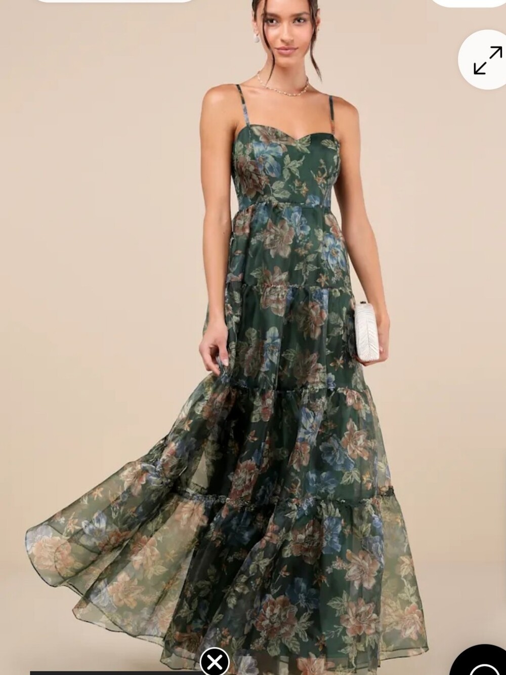 Lulus Glamour Green Floral Organza Tiered Maxi Spaghetti Strap Maxi Dress Med
